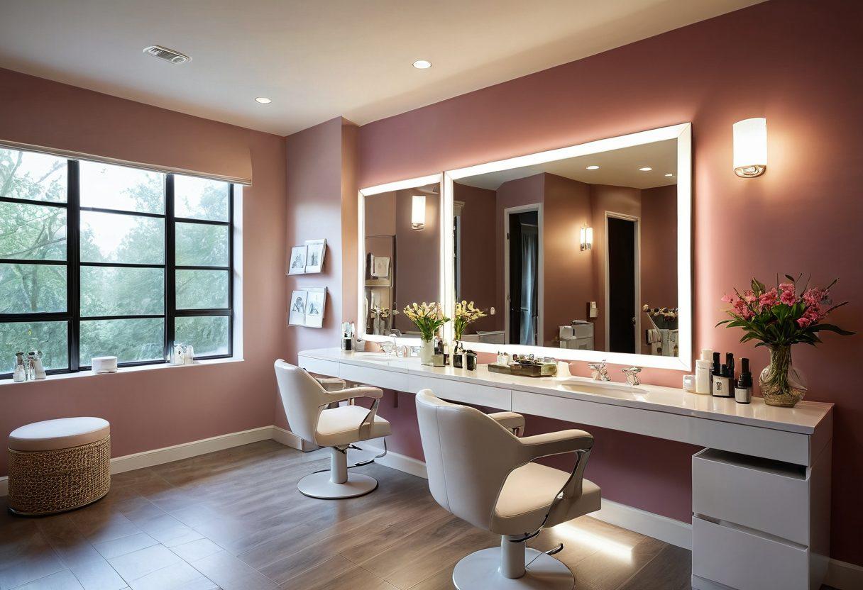 A serene beauty salon setting with a glowing vanity, adorned with elegant cosmetics and skincare products, alongside a shield symbolizing security. The room is bathed in soft, warm light, evoking a sense of safety and confidence in choosing beauty essentials. Subtle details like a glowing insurance document and a stylish mirror reflect the theme of beauty meeting security. super-realistic. vibrant colors. soft focus.