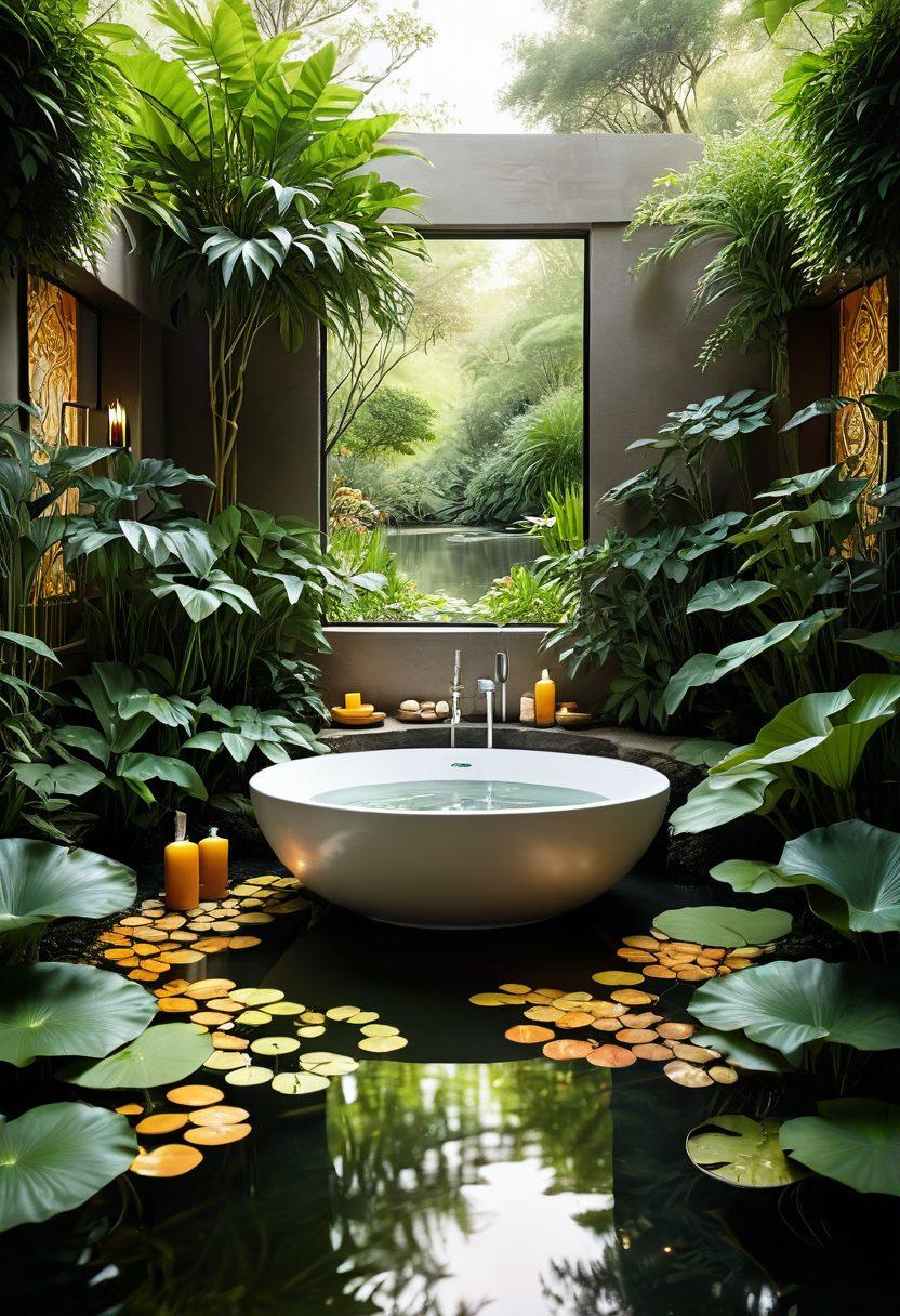 A serene wellness landscape featuring a diverse array of skincare products, surrounded by lush greenery and calming water elements. Highlight a radiant sun setting in the background, casting warm hues over the scene. Include elements symbolizing aesthetics, like botanical patterns and subtle wellness symbols, creating a harmonious balance. The overall ambiance should evoke a sense of tranquility and holistic well-being. vibrant colors. 3D.