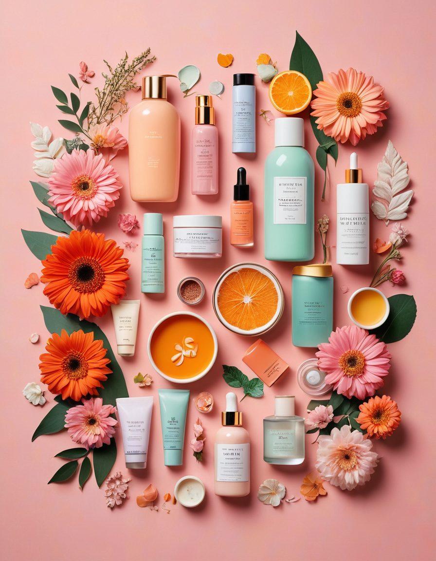 A visually striking collage featuring a diverse array of cosmetic products, wellness items, and insurance documents intertwined seamlessly. Soft pastel colors dominate the background, with elegant floral accents representing beauty and wellness. The image should evoke a sense of empowerment and confidence, inviting the reader to explore further. Include a subtle hint of luxury and professionalism. bright colors. vector art.